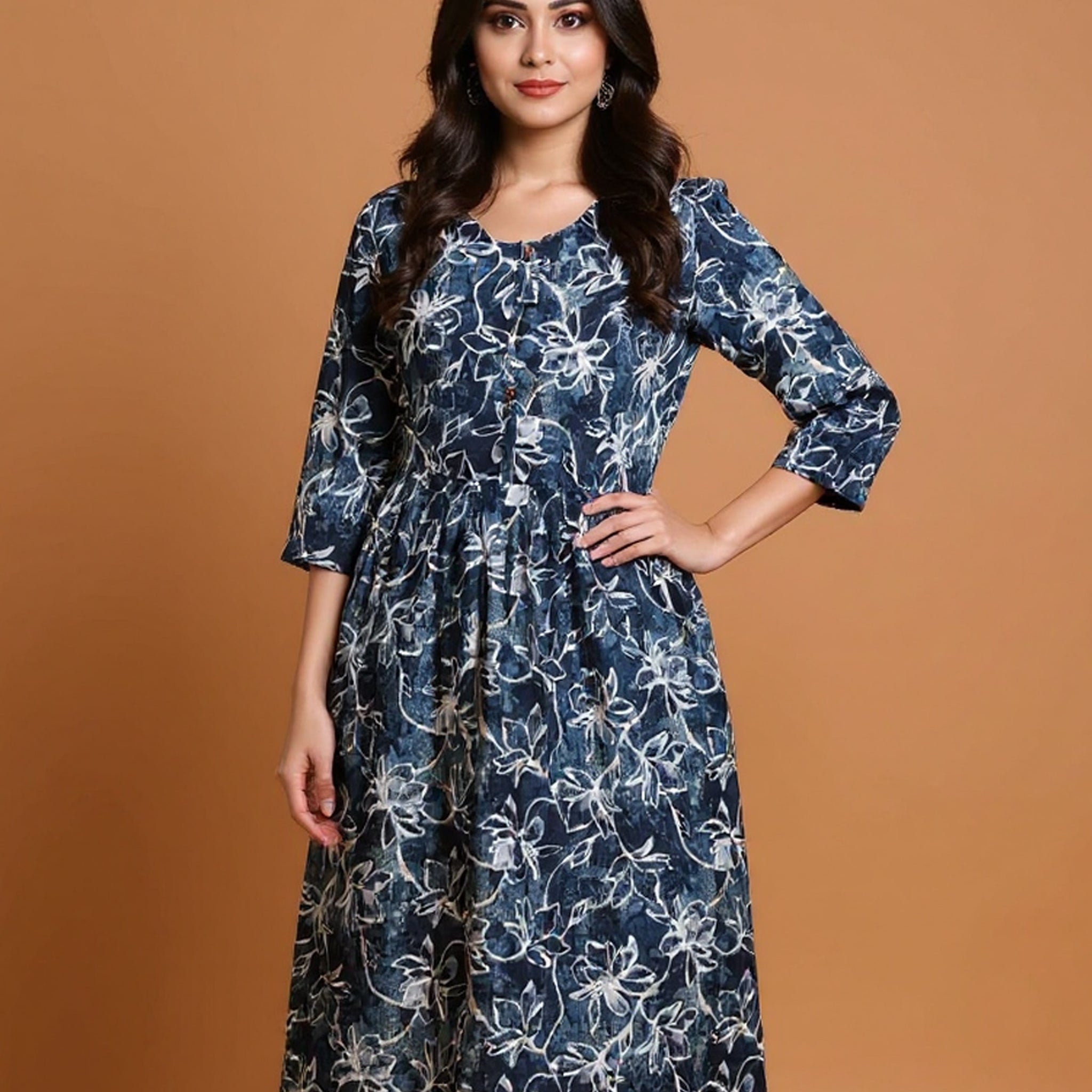 Maternity Wear - Elegant Navy Blue Floral Button-Down Women's Feeding Top