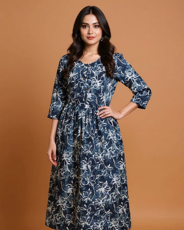 Maternity Wear - Elegant Navy Blue Floral Button-Down Women's Feeding Top