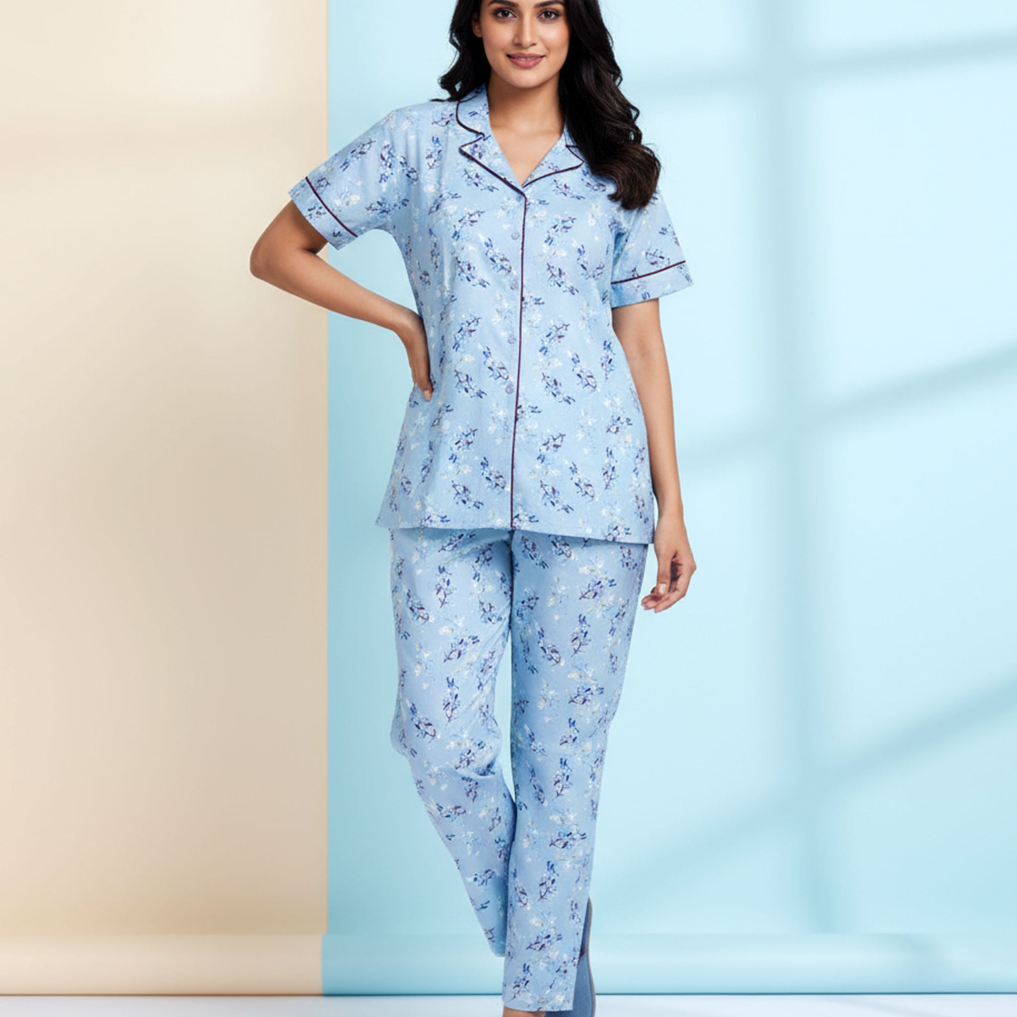 Women's Floral Print Short Sleeve Night Wear - Green