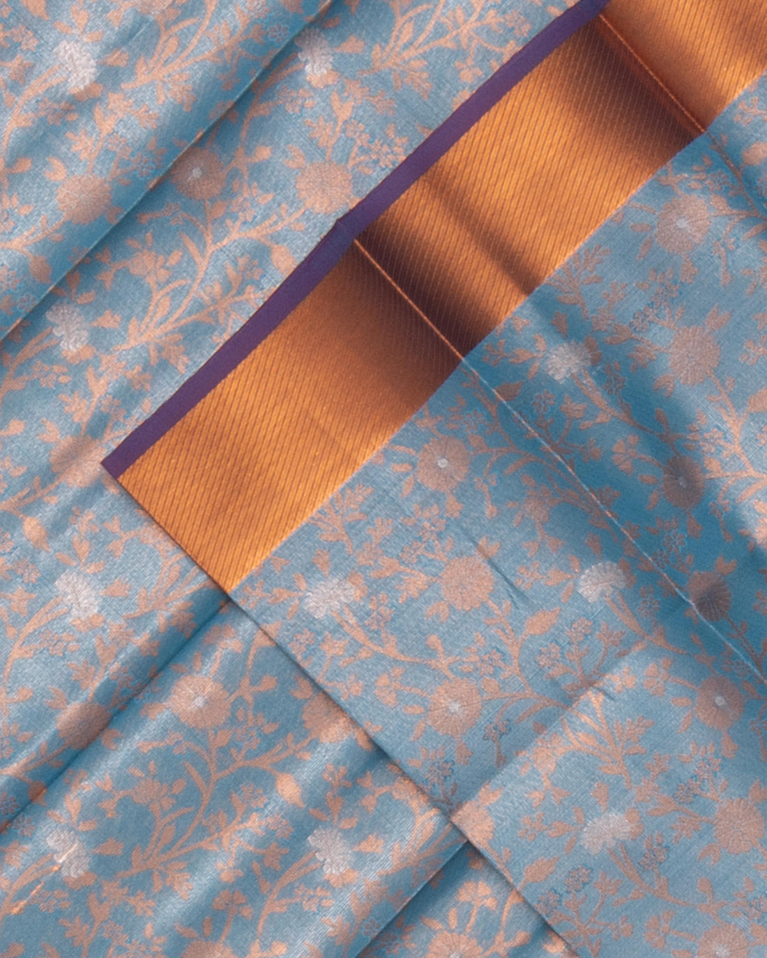 Traditional Kanchipuram Tissue Silk Saree with Delicate Floral Brocade and Ornate Zari Border - Blue