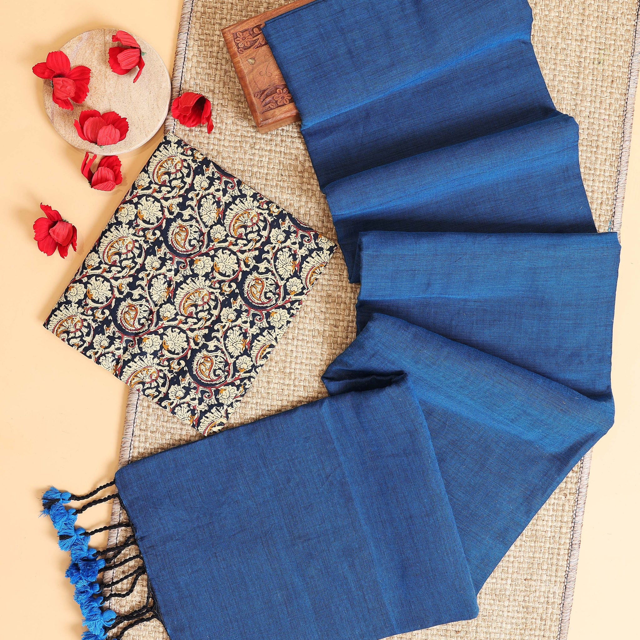 Handwoven Khadi Cotton Saree with Contrast Printed Blouse and Tassel Accents - Blue