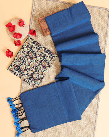 Handwoven Khadi Cotton Saree with Contrast Printed Blouse and Tassel Accents - Blue