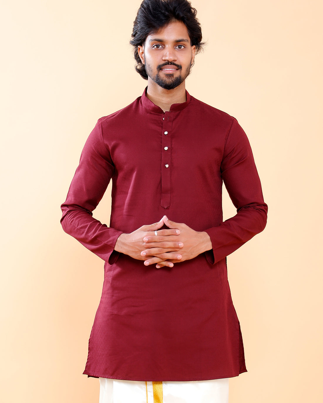Elegant Men's Woven Design Kurta with Mandarin Collar and Full Sleeves - Maroon