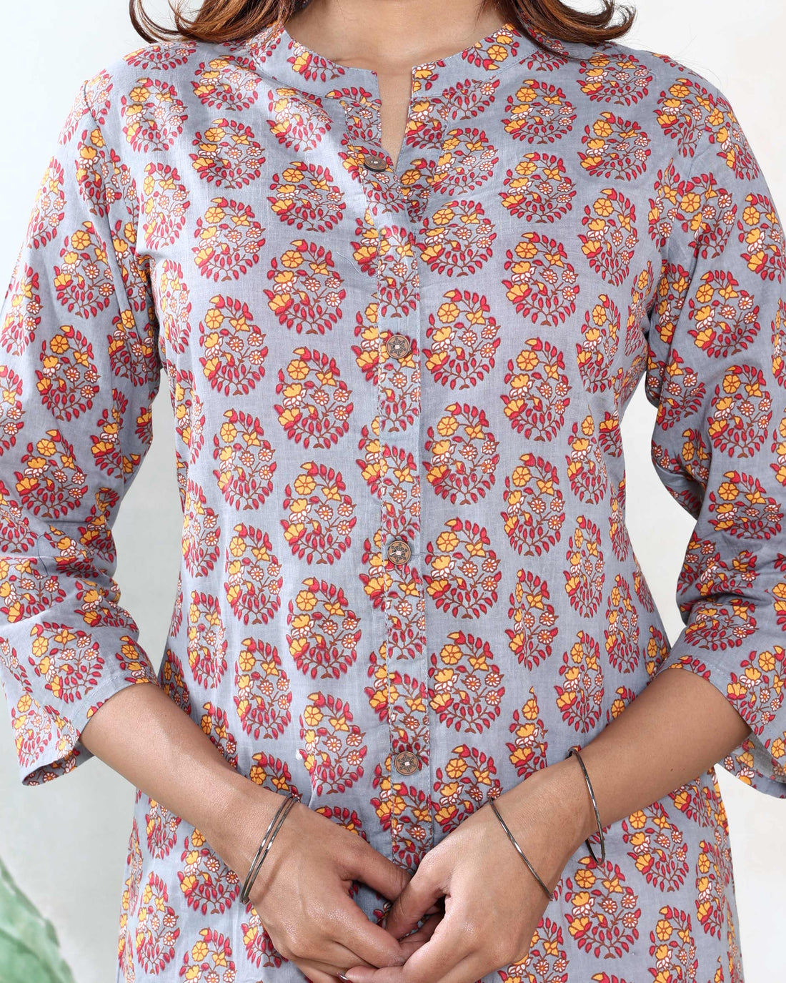 Women’s Floral Printed Straight Fit Kurta with Mandarin Collar Button-Down Front and 3/4th Sleeves - Grey