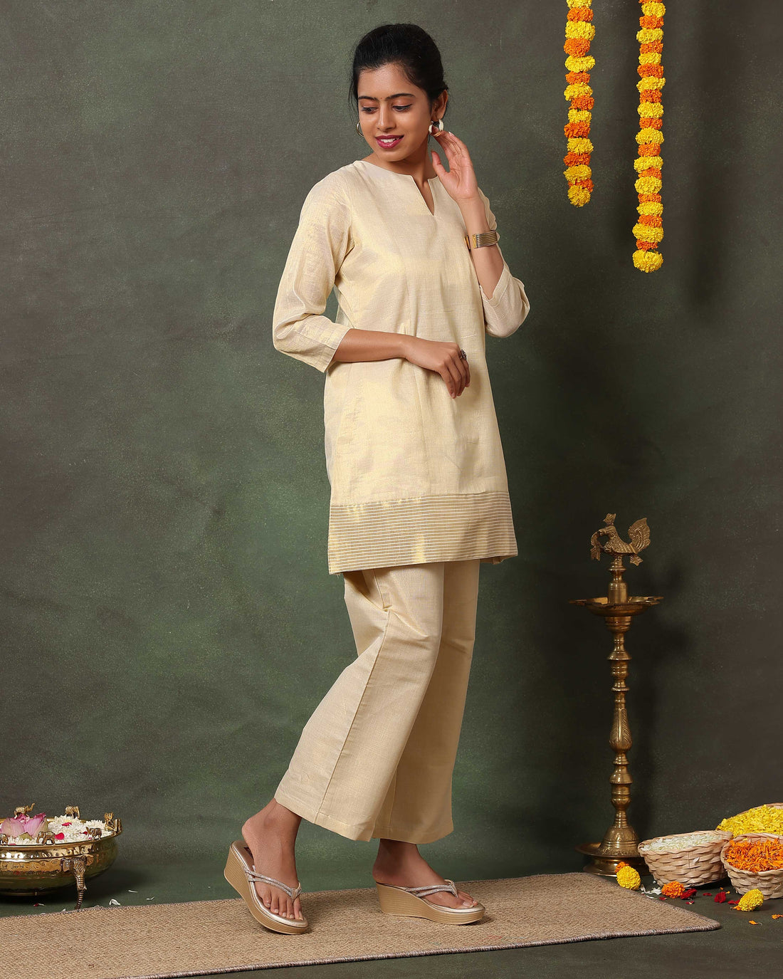 Graceful Women’s Tissue Kurta Set with Straight Pants and Subtle Zari - Sandal