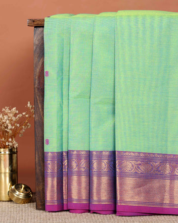 Elegant Handloom Chettinad Cotton Saree with Zari Woven Traditional Temple Border and Subtle Body - Green
