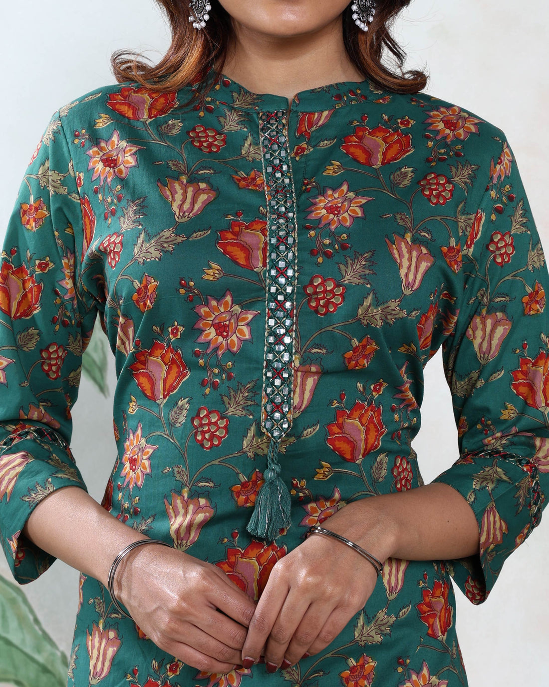 Women’s Floral Printed Straight Fit Kurta with Mandarin Collar Decorative Front Placket and 3/4th Sleeves - Green