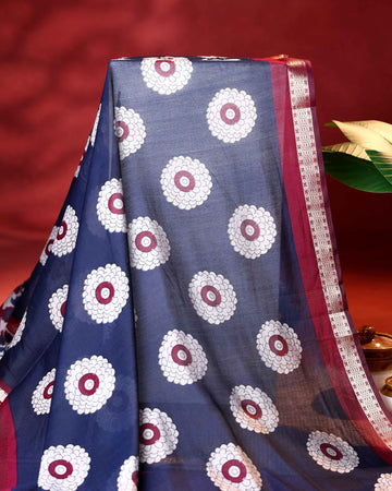 Elegant Semi Chanderi Saree with Floral Motif Print and Contrasting Zari Woven Border - Blue