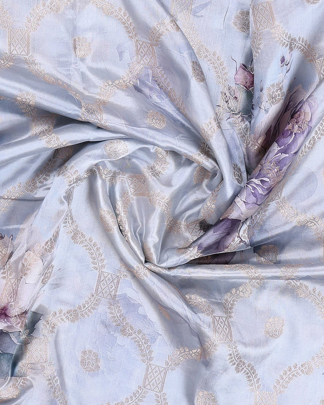 Floral Pattern Dola Silk Saree With Woven Border - Grey