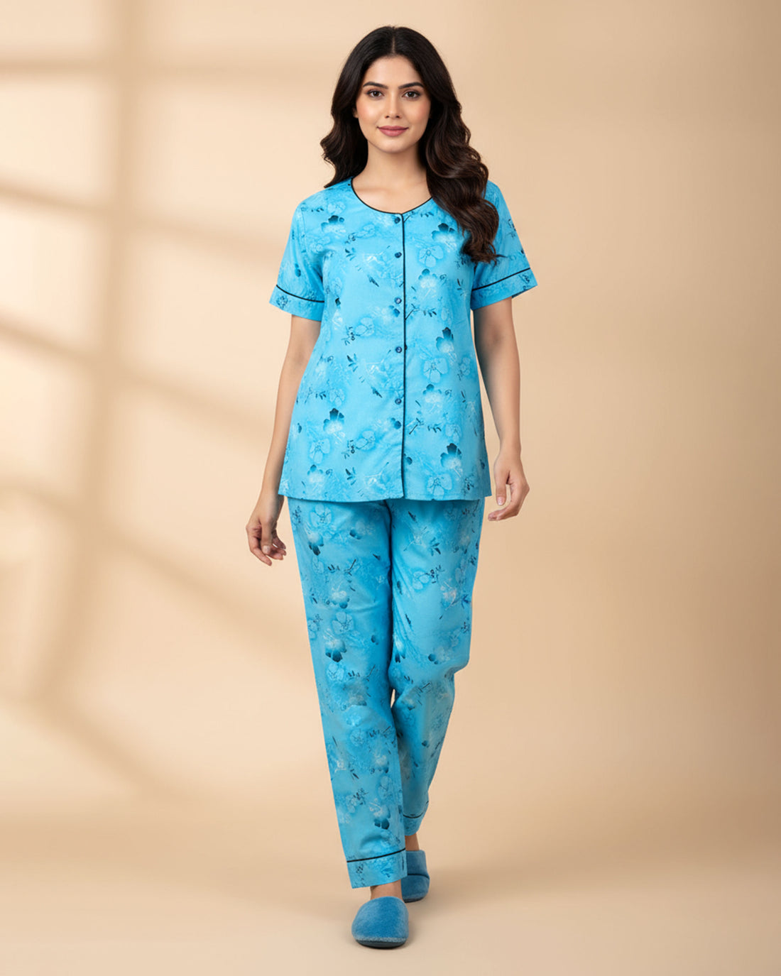 Women's Floral Print Short Sleeve Night Wear  - Blue