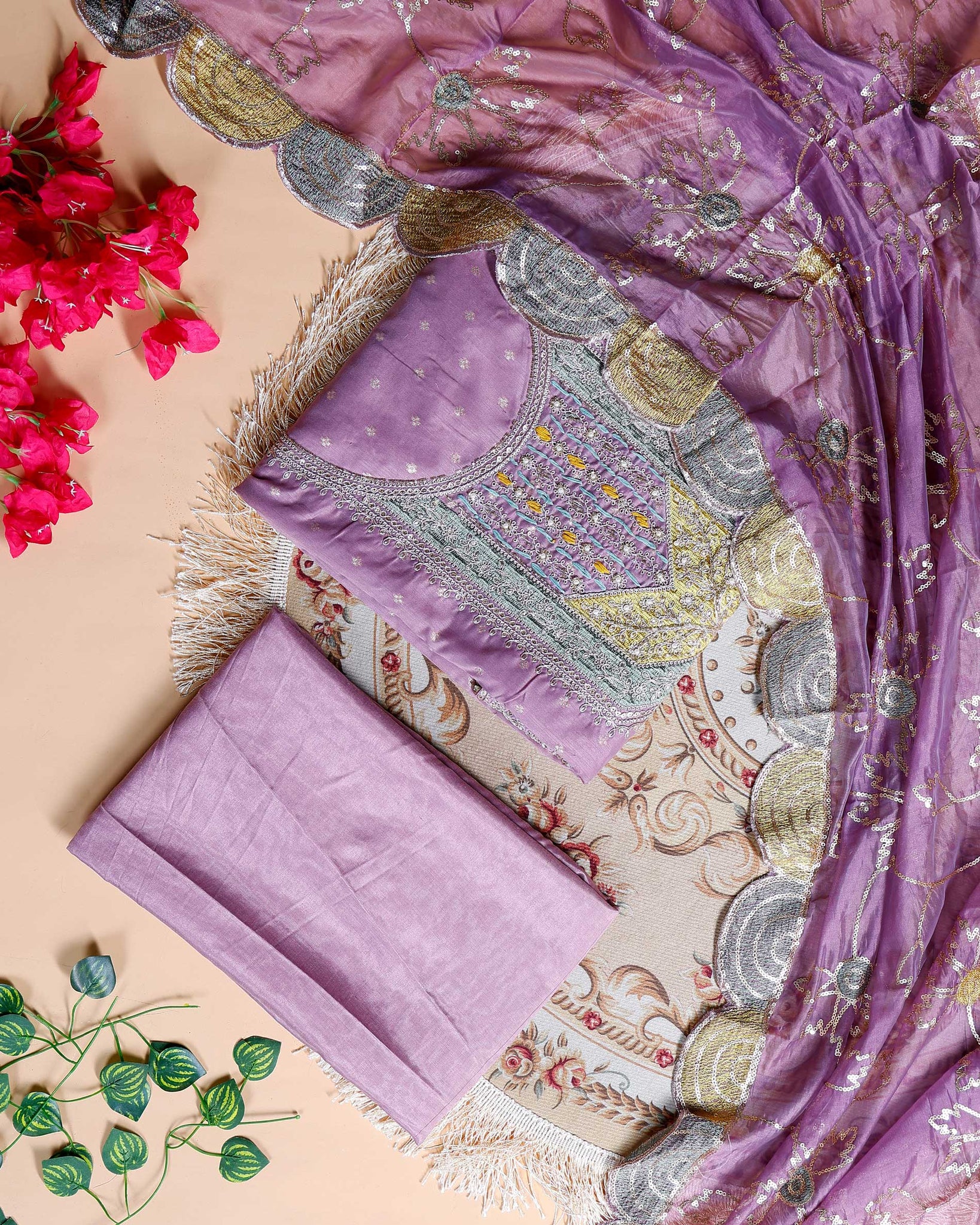Women's Embroidered Floral Motif Salwar Suit Material with Dupatta - Lavender