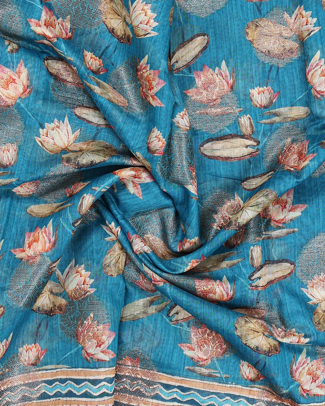 Floral Pattern Dola Silk Saree With Woven Border - Blue