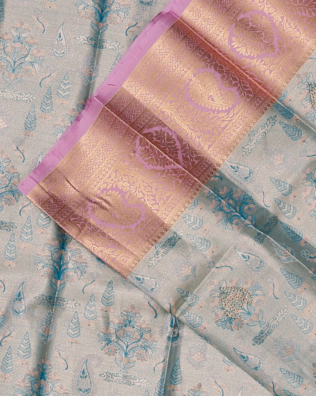 Kanchipuram Tissue Saree with Intricate Zari Weave & Elaborate Border Design - Grey