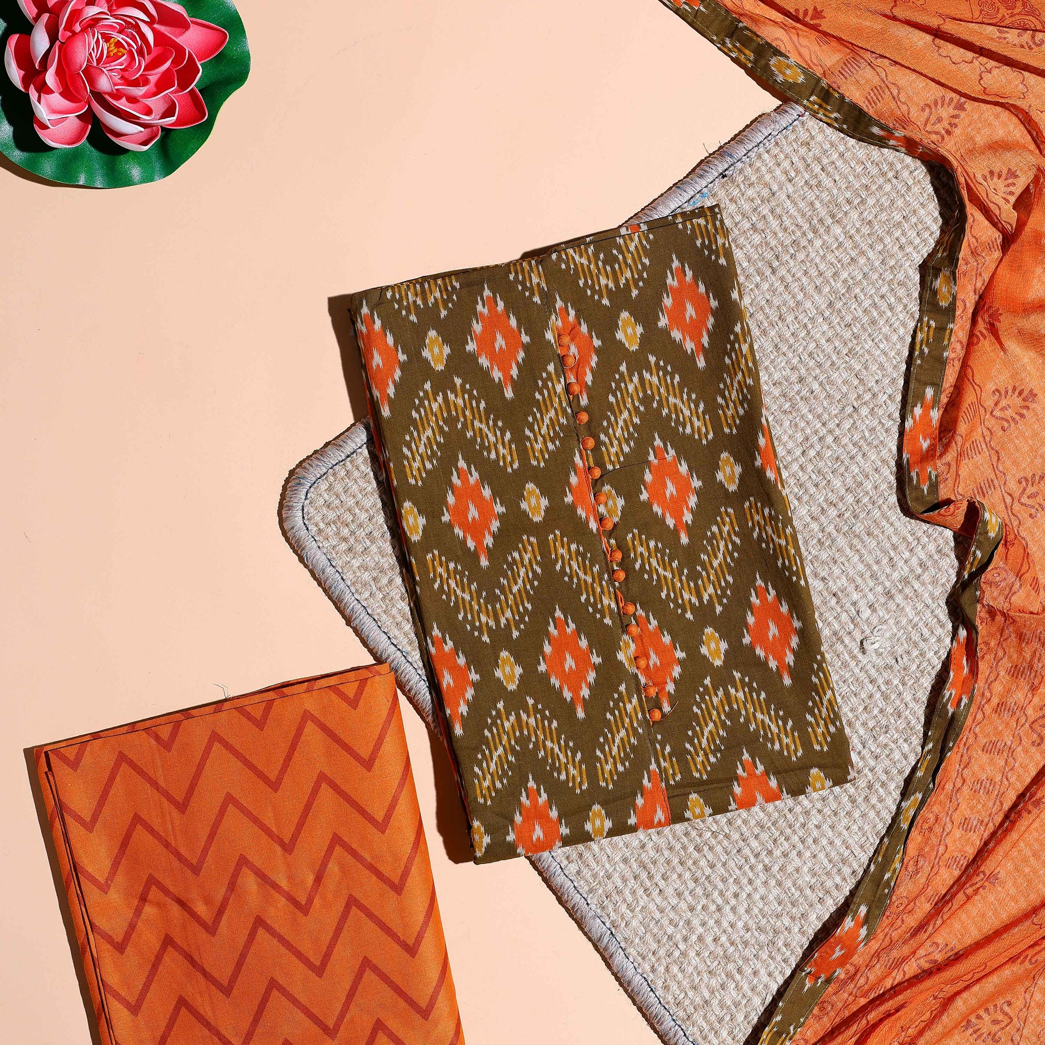 Women's Traditional Ikat Printed Cotton Salwar Material with Contrasting Bottom and Elegant Dupatta - Green