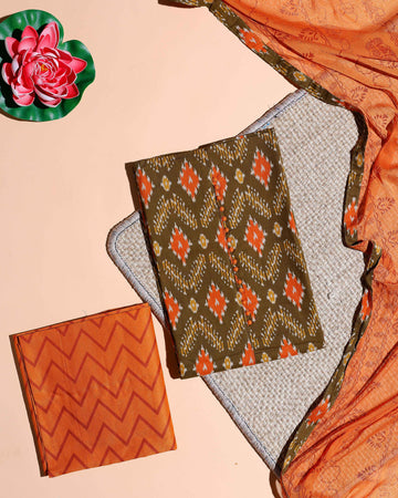 Women's Traditional Ikat Printed Cotton Salwar Material with Contrasting Bottom and Elegant Dupatta - Green