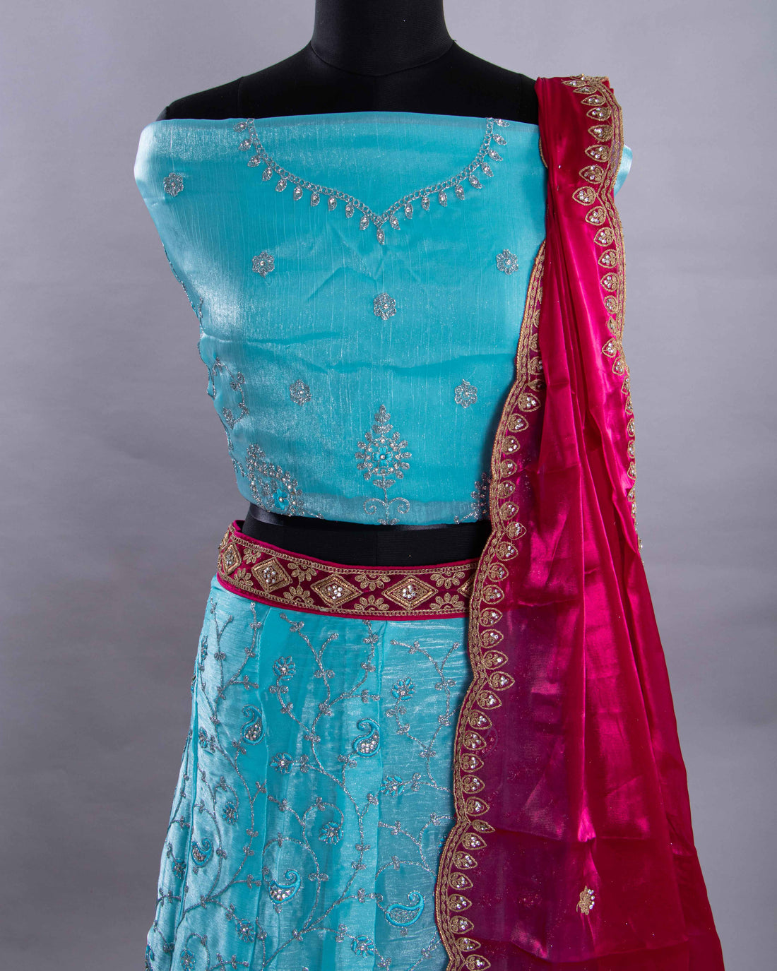 Sky Blue With Purple Colour Embroidered Semi - Stitched Lehenga