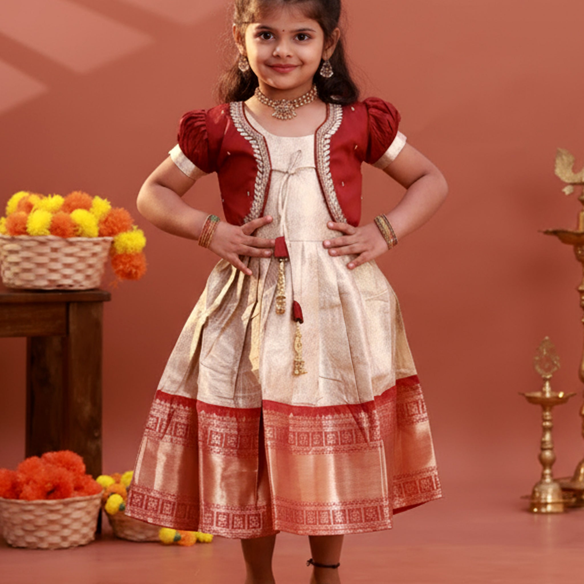 Traditional Kids Readymade Pattu Pavadai with Embellished Jacket - Maroon