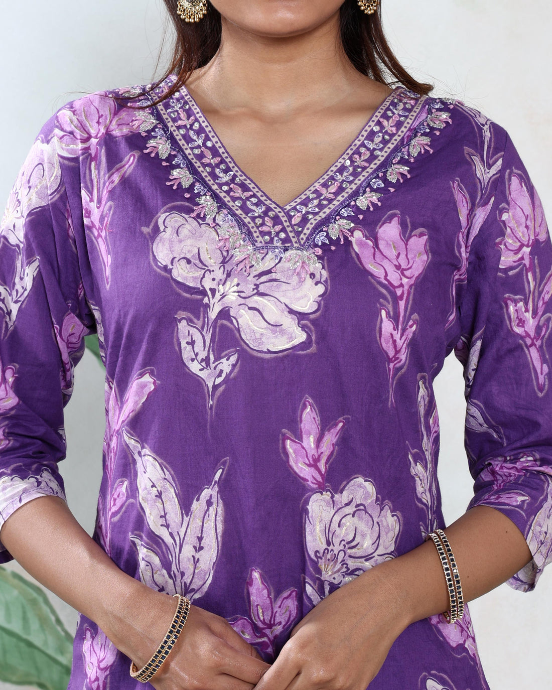 Elegant Floral Printed Women’s Readymade Salwar Suit Set with Straight Kurta Patterned Pants and Matching Dupatta, Violet Full View