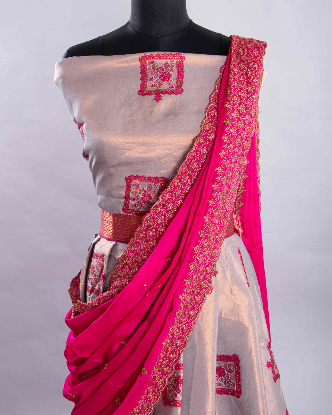 Grey With Pink Colour Printed Semi - Stitched Lehenga