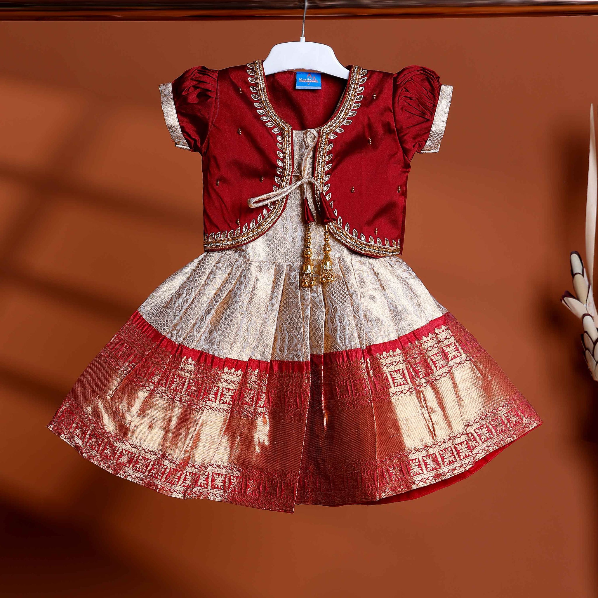 Traditional Kids Readymade Pattu Pavadai with Embellished Jacket - Maroon