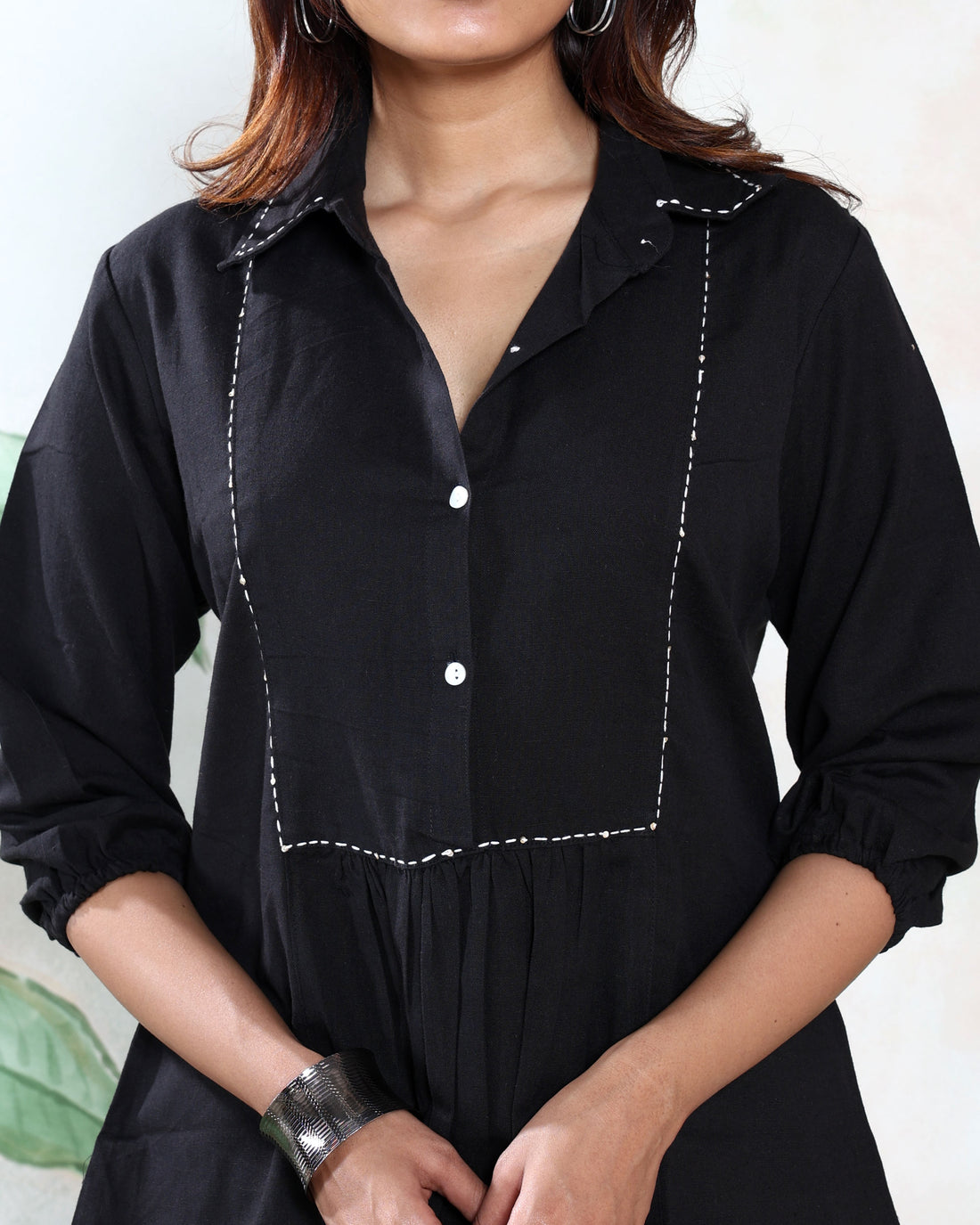 Women’s Stylish Solid Kurti Top with Shirt Collar Button Front and Pleated Waist Design - Black