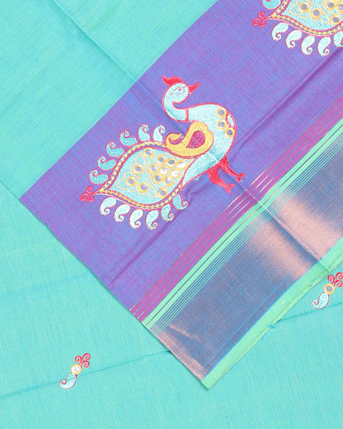 Handloom Cotton Saree with Peacock Embroidery - Green