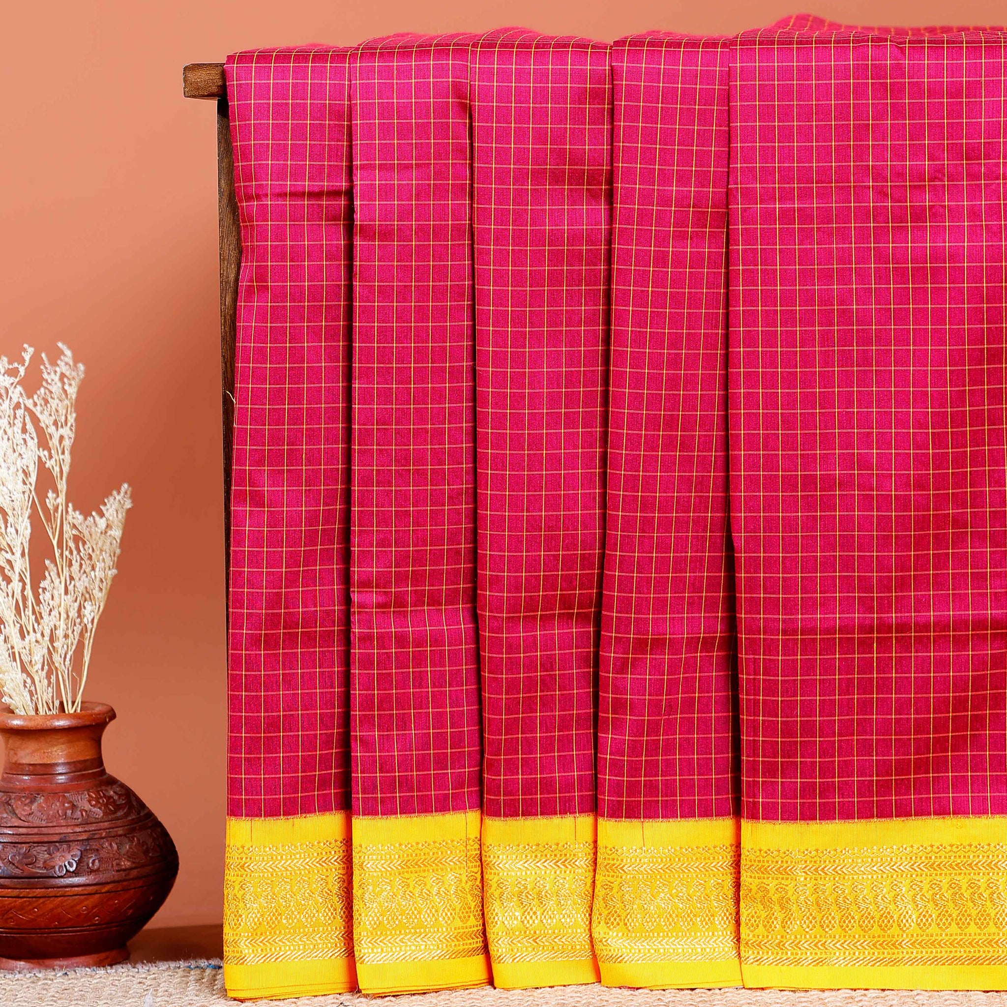 Traditional Kalyani Cotton Saree with All-Over Checks and Ornate Zari Pallu and Border - Dark Pink