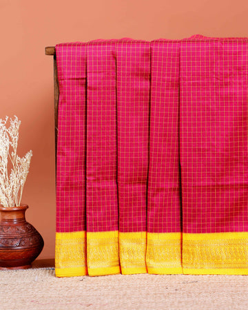 Traditional Kalyani Cotton Saree with All-Over Checks and Ornate Zari Pallu and Border - Dark Pink