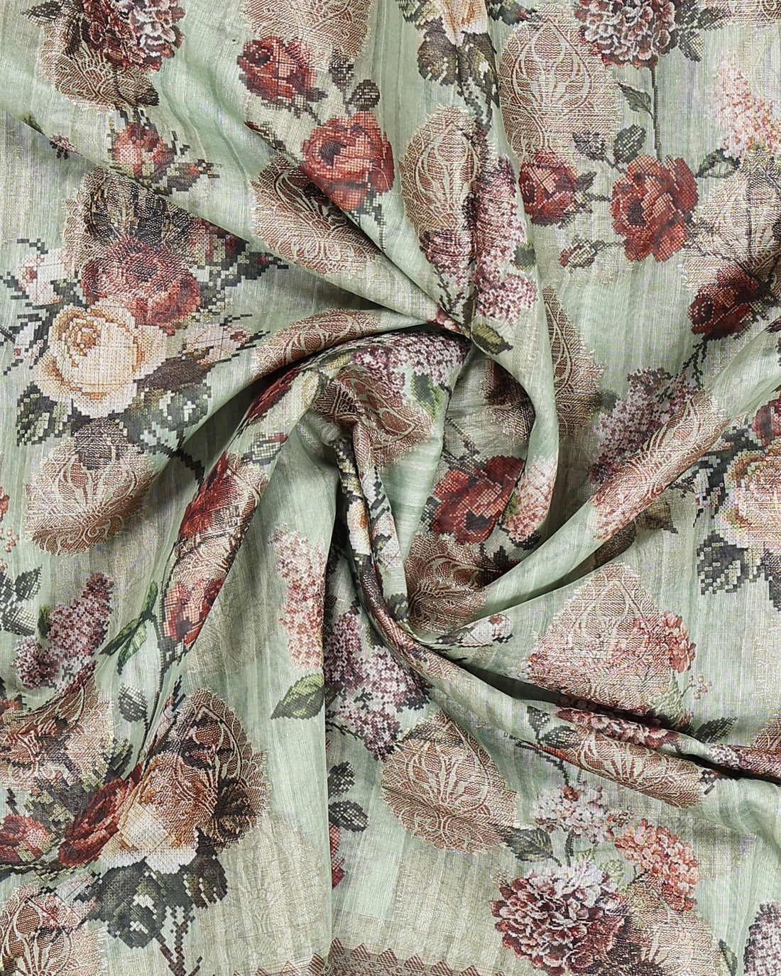 Floral Pattern Dola Silk Saree With Woven Border - Green