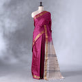 Magenta Banana Pith Saree with Minimal Butta Motifs & Traditional Zari Woven Border -Full View