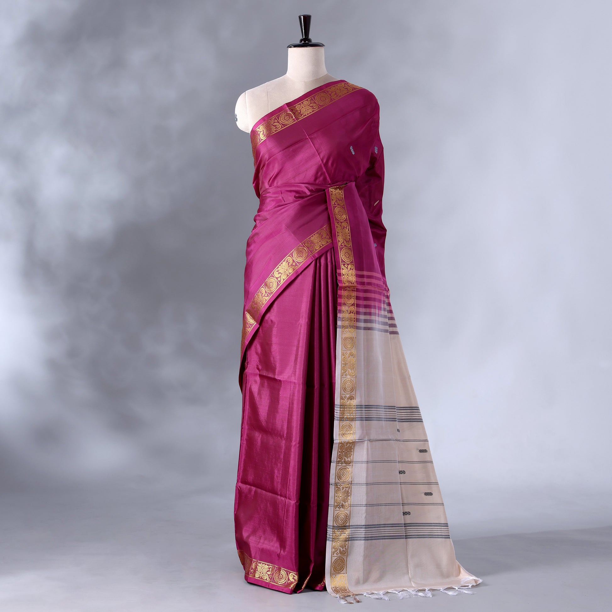 Magenta Banana Pith Saree with Minimal Butta Motifs & Traditional Zari Woven Border -Full View