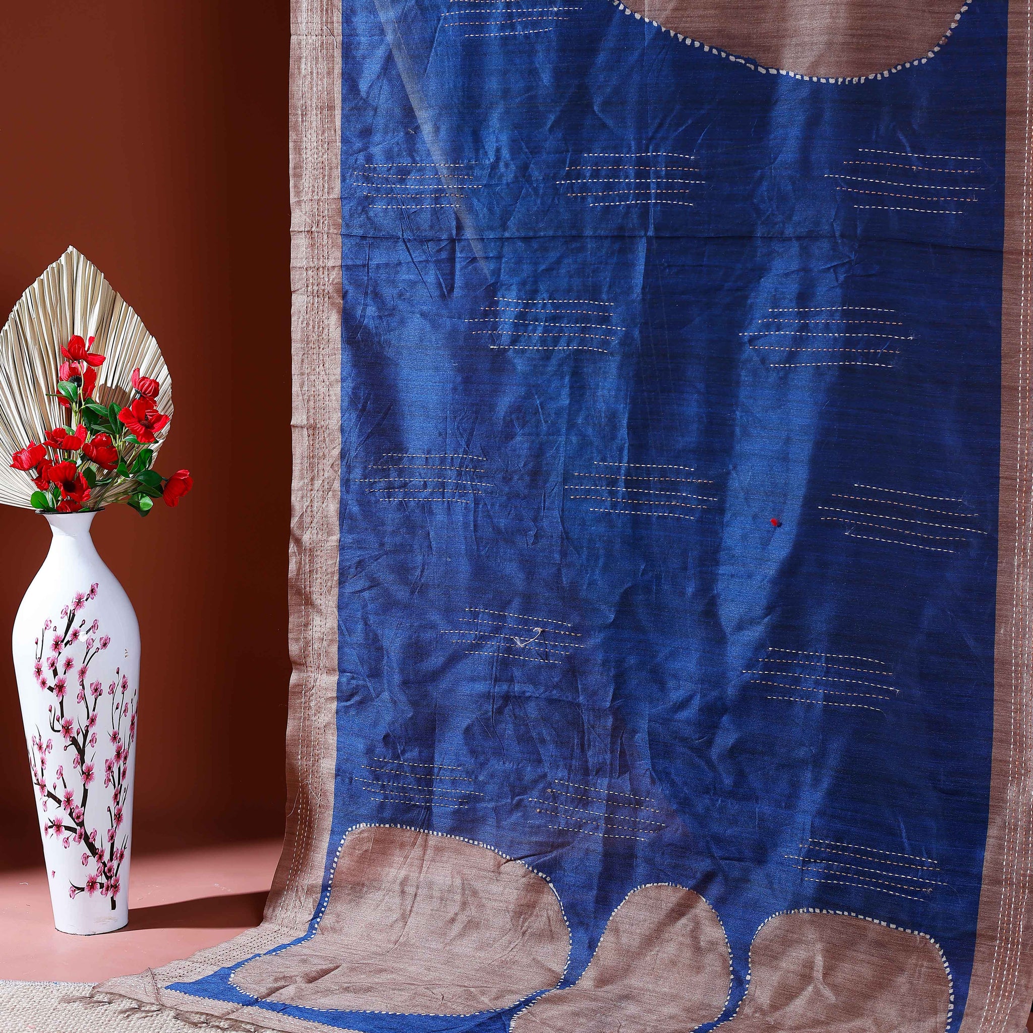 Handcrafted Kantha Cotton Saree with Contrast Patch Design and Intricate Stitch Embroidery - Blue