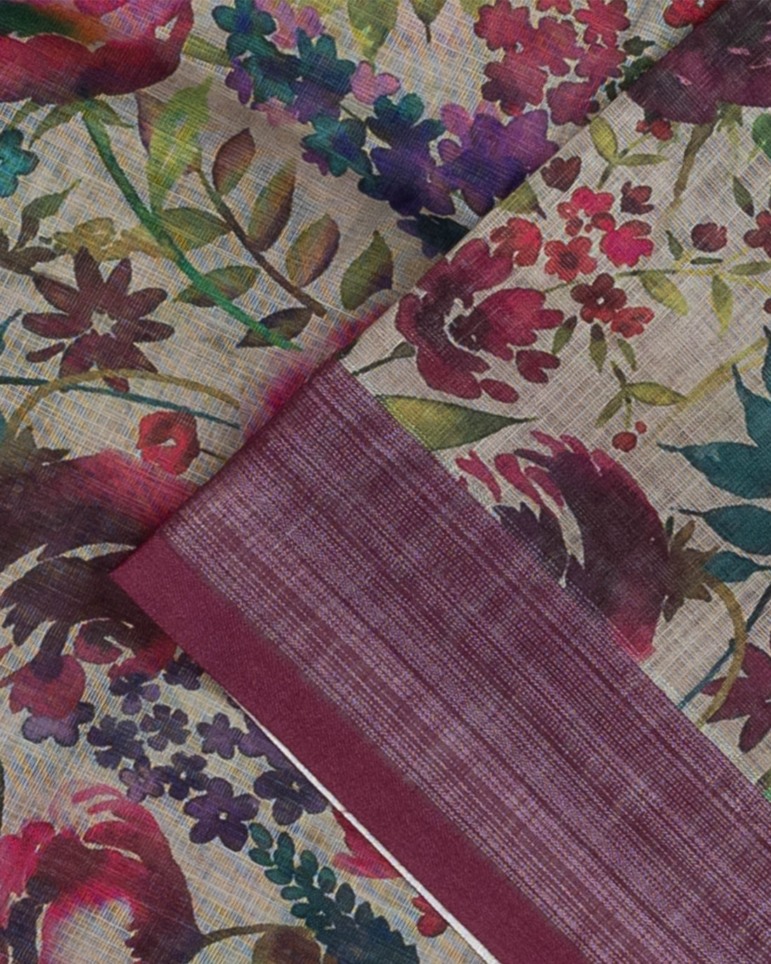 Cream Colour Printed Linen Cotton Saree