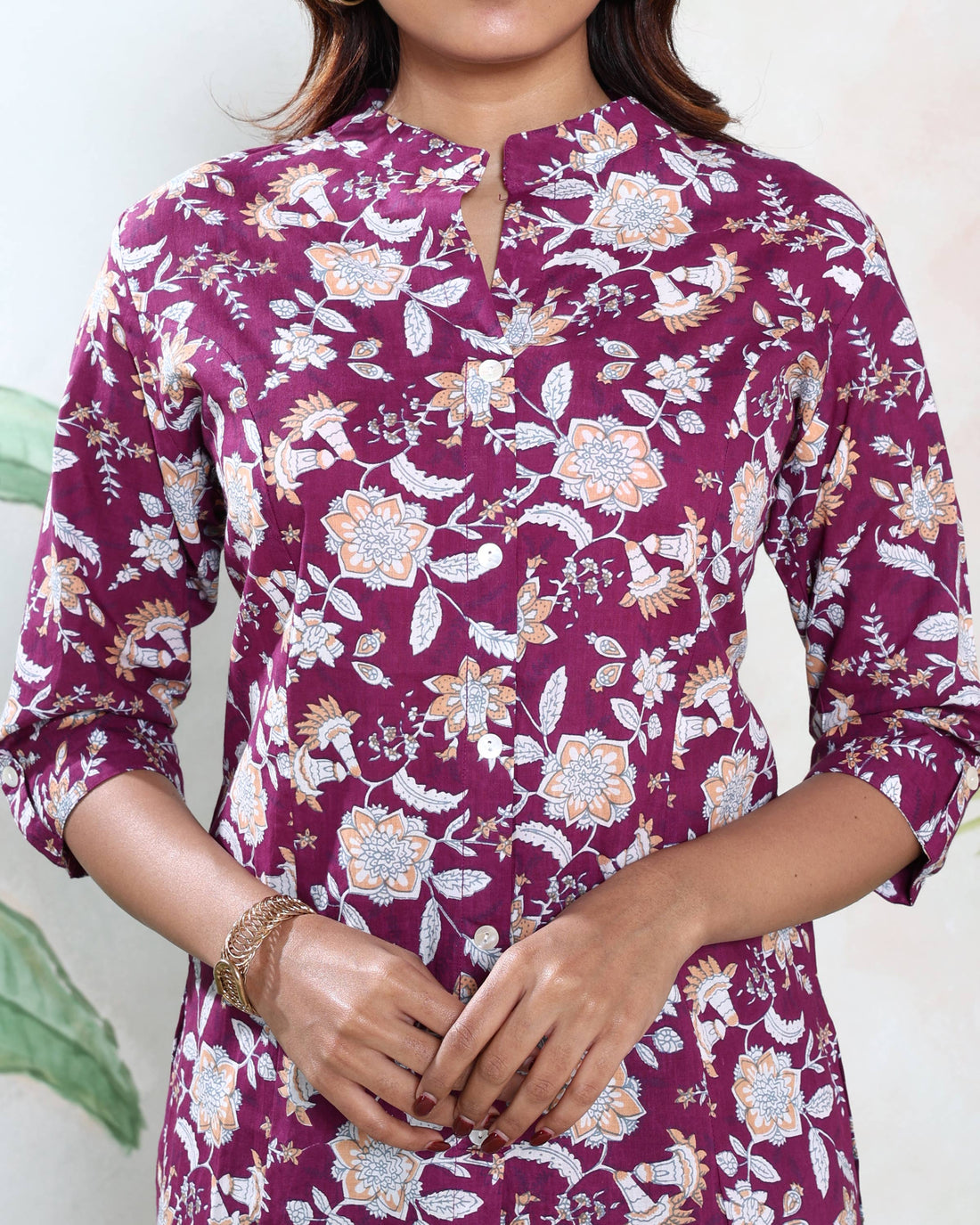 Women’s Floral Printed Straight Cut Kurti with Mandarin Collar Front Button Placket & 3/4th Sleeves - Purple