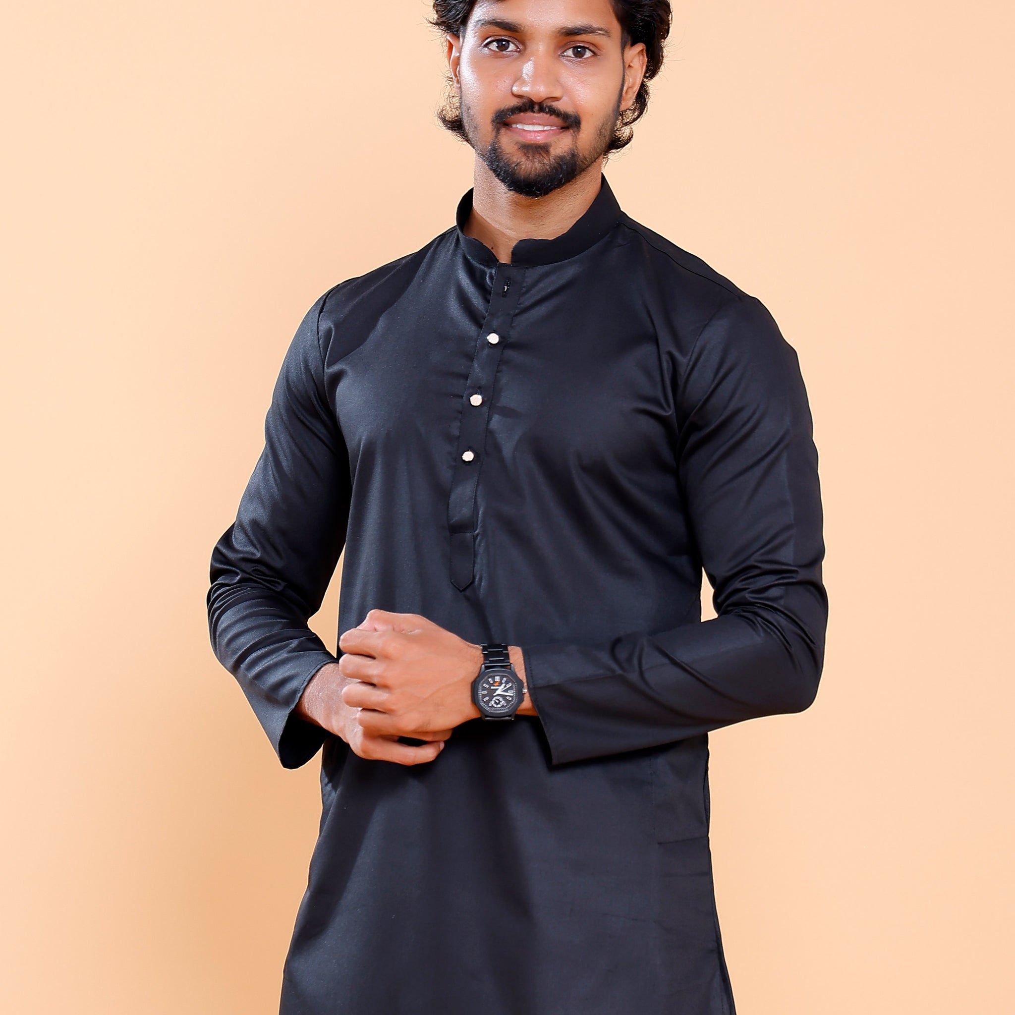 Elegant Men's Solid Mandarin Collar Kurta with Full Sleeves - Black