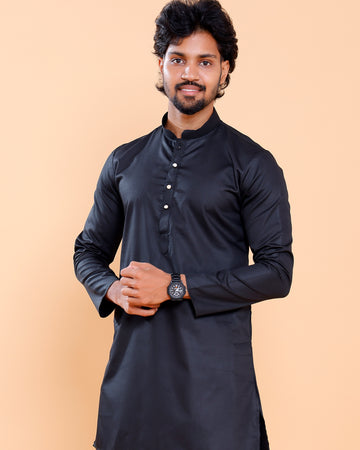 Elegant Men's Solid Mandarin Collar Kurta with Full Sleeves - Black