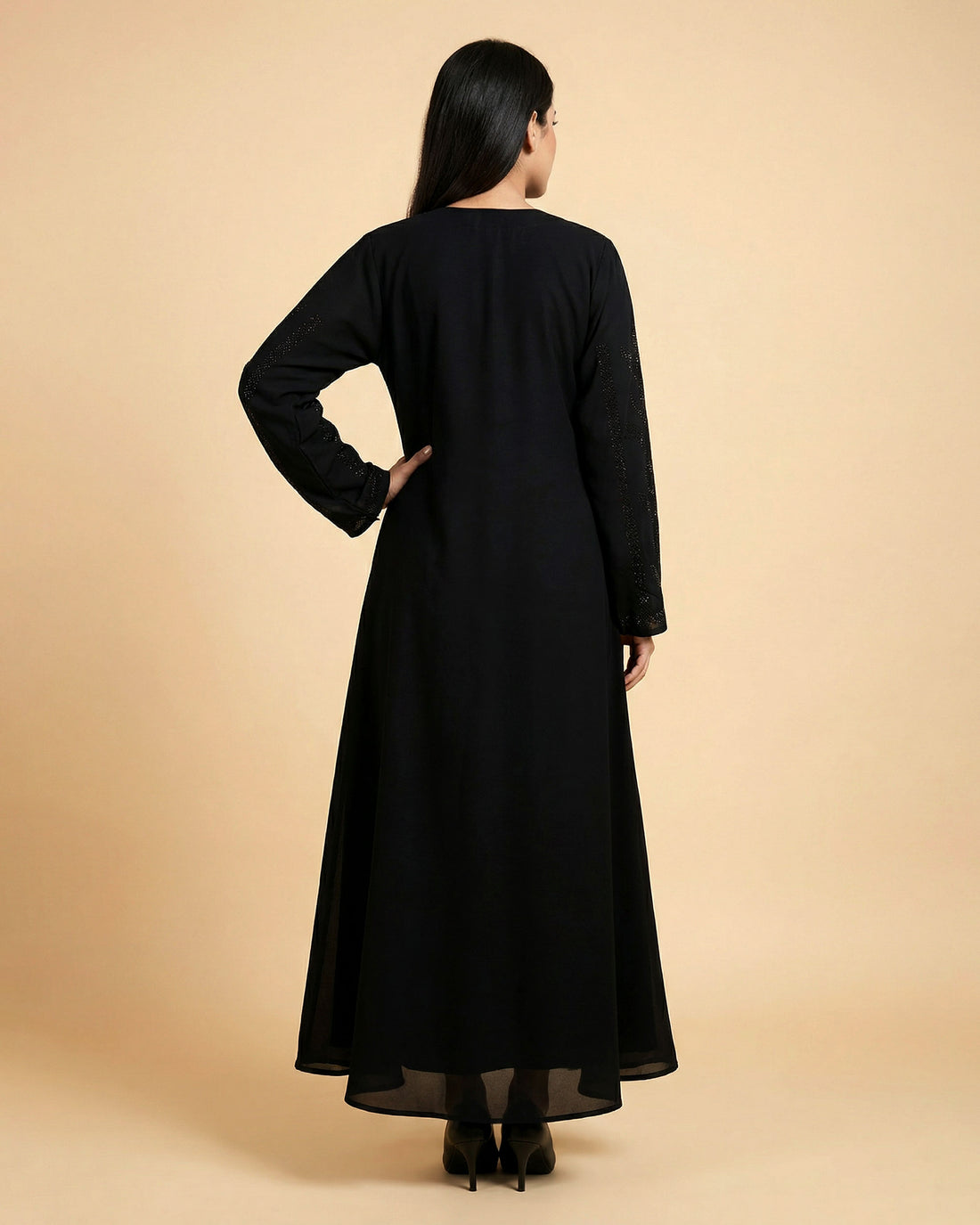 Women’s Traditional Flared Burqa with Elegant Panel Embroidery and Round Neck - Black