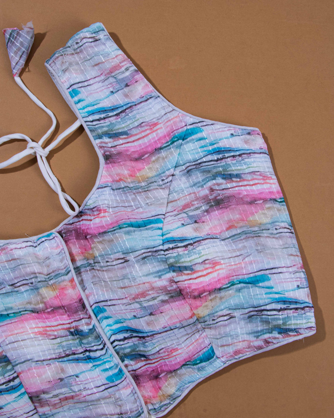 Striped Ikat Print Sleeveless Readymade Blouse - Multi