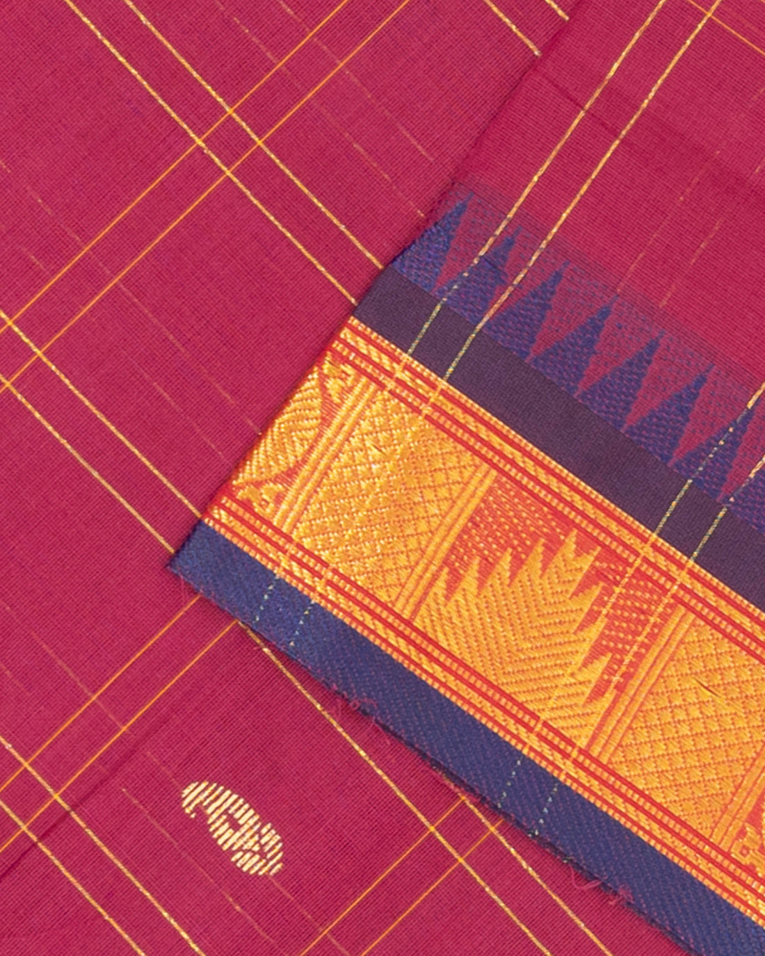 Checked Venkatagiri Cotton Saree with Zari Butta and Temple Border - Maroon