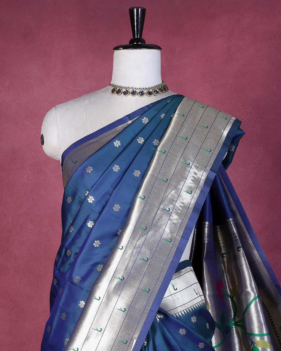 Elegant Paithani Silk Saree with Intricate Floral Motif Border and Delicate Butti Weave - Navy Blue