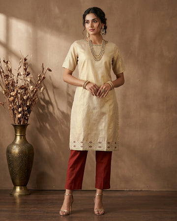 Women’s Straight Kurta with 3/4 th Sleeves & Embroidered Hem Detail - Cream