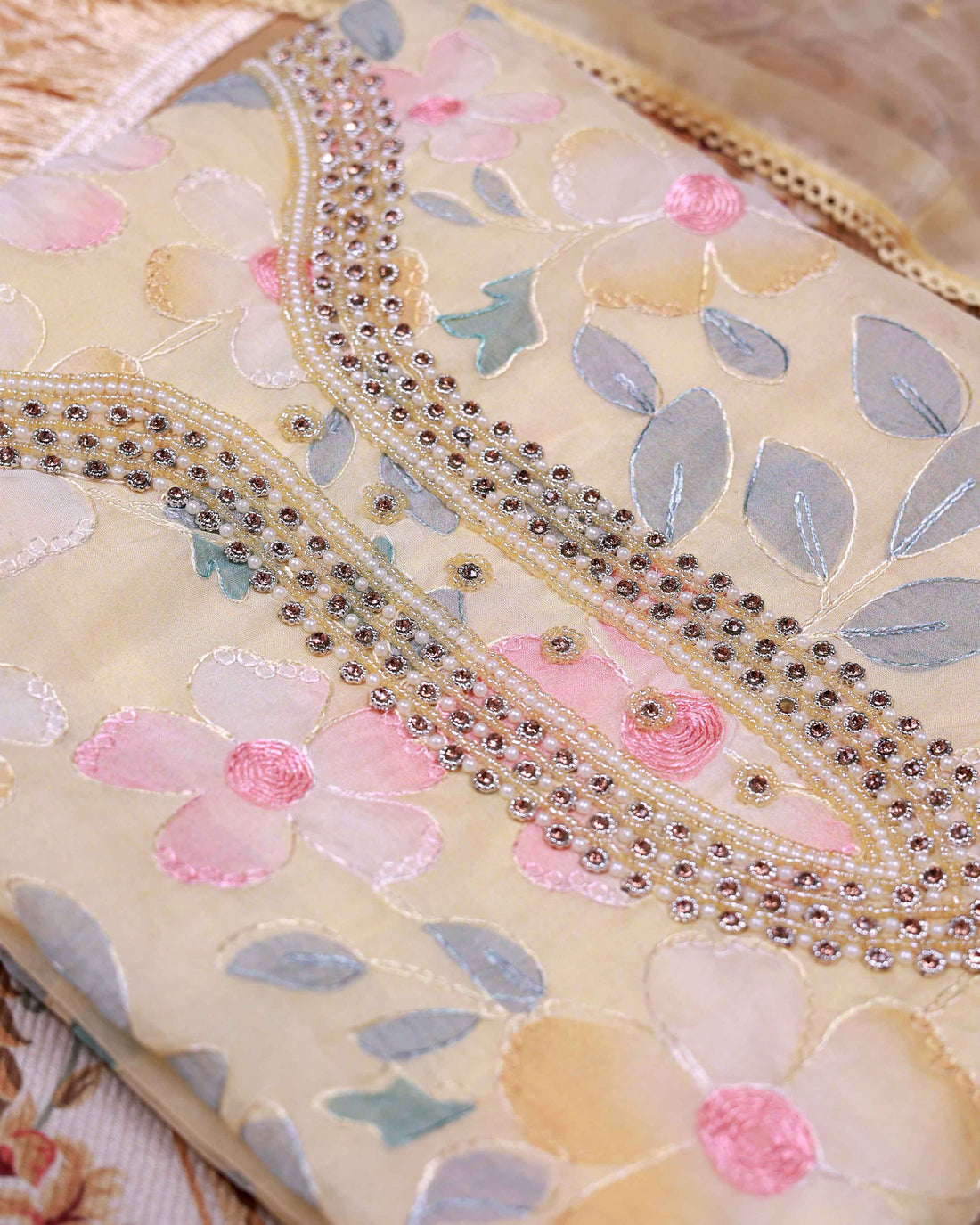 Women's Floral Embroidered Salwar Suit Material with Beaded Neckline and Net Dupatta - Yellow
