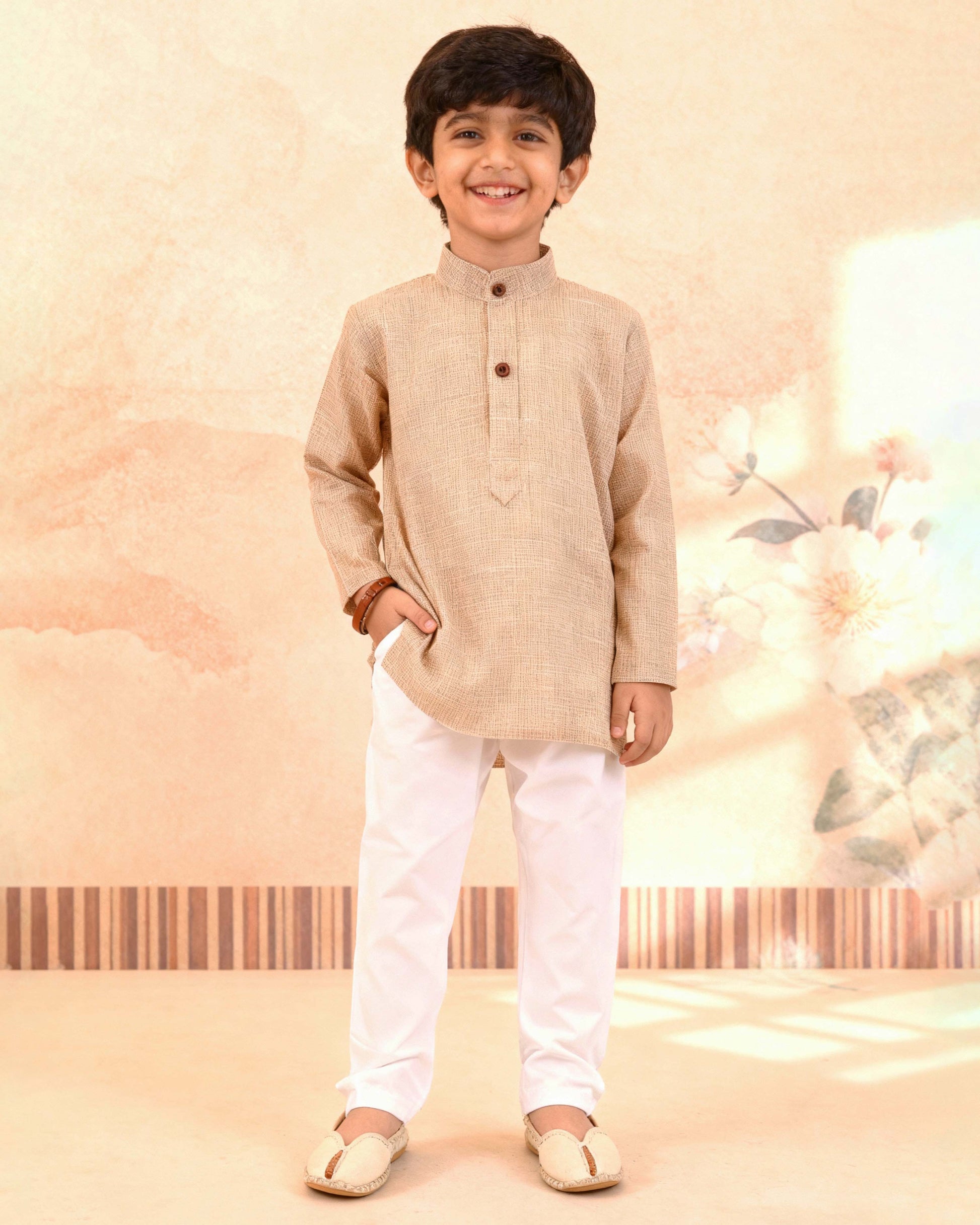 Boys Festive Kurta Set with Mandarin Collar, Beige
