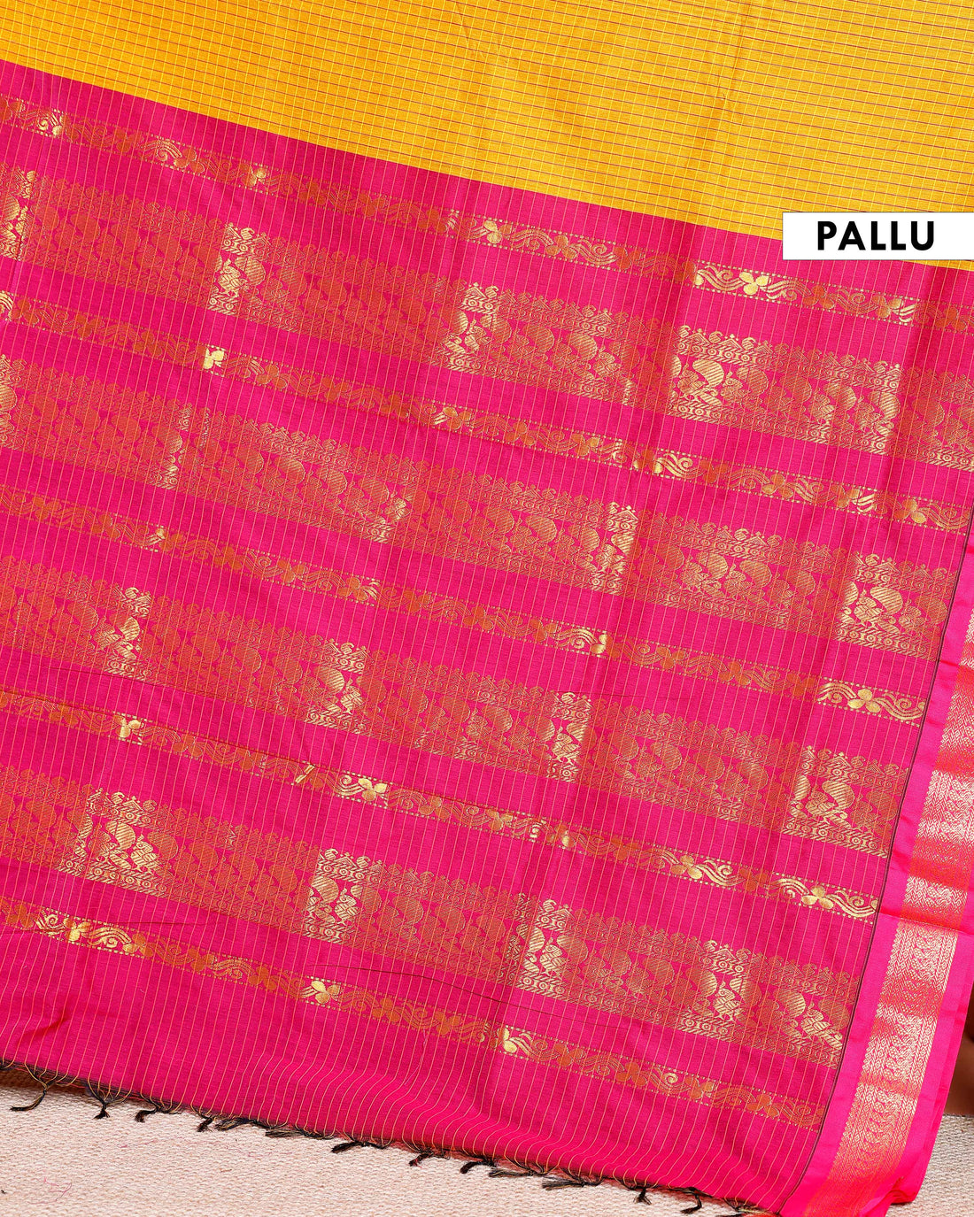 Traditional Kalyani Cotton Saree with All-Over Checks and Ornate Zari Pallu and Border - Yellow