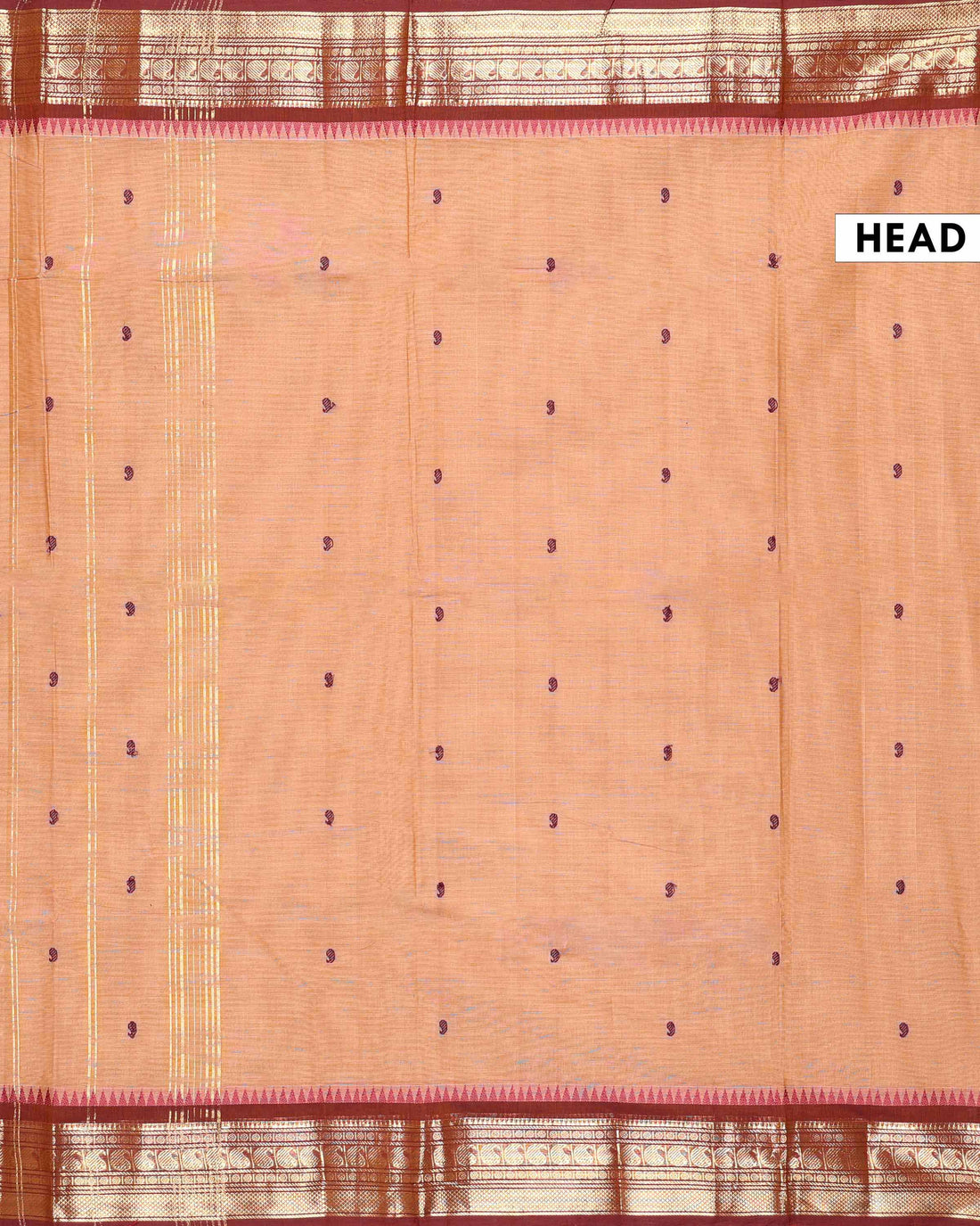 Traditional Handloom Chettinad Cotton Saree with Woven Body Paisley Motifs and Zari Temple Border - Peach