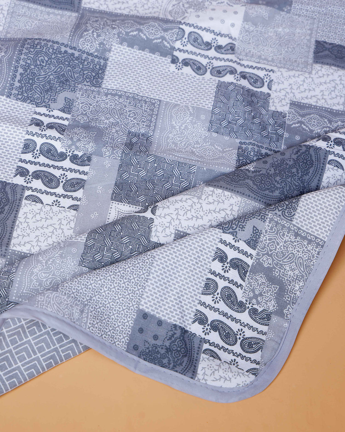 Reversible Patchwork Printed Cotton Double Quilt with Geometric and Paisley Designs - Grey (Copy)