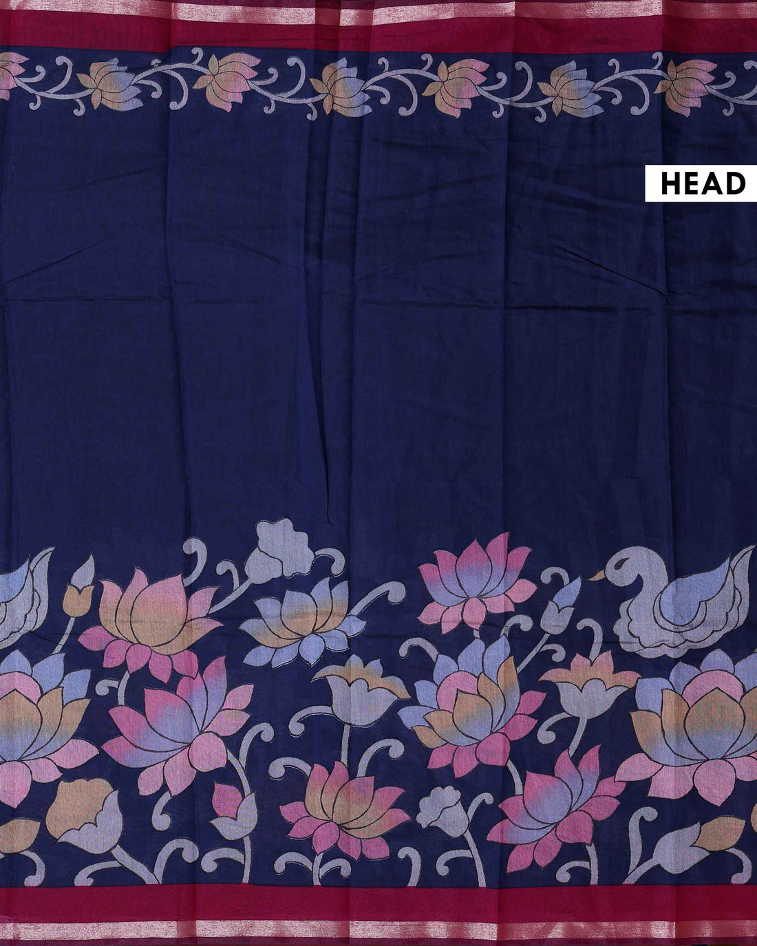 Elegant Semi Chanderi Saree with  Floral Motifs and A Plain Gold Woven Border - Navy