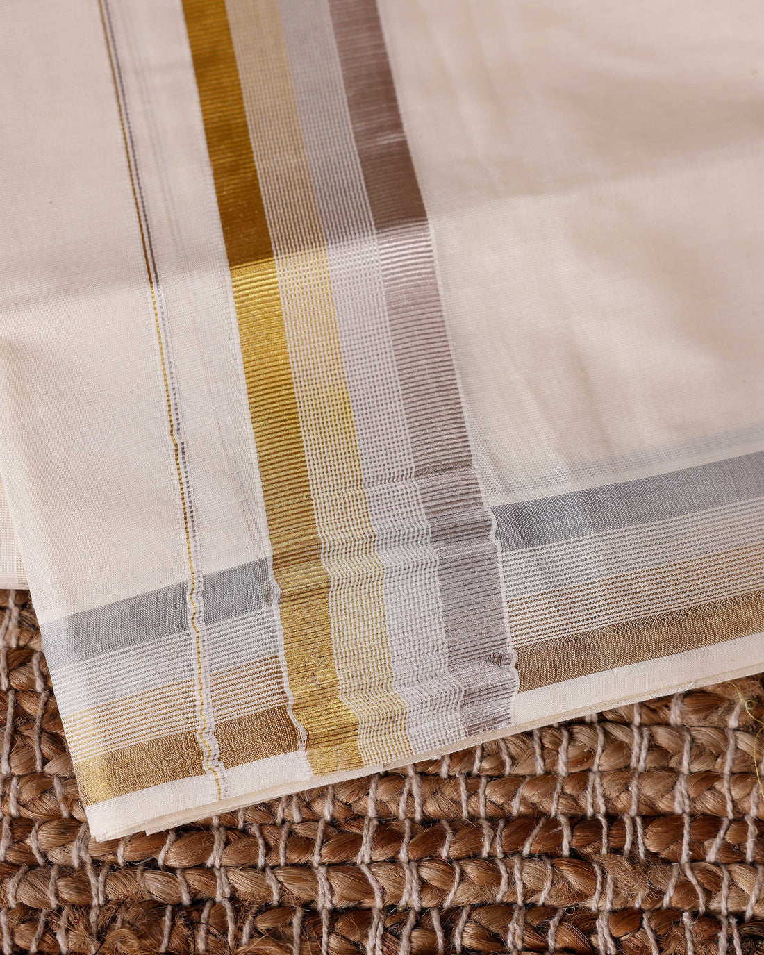Traditional Handwoven Cotton Dhoti with Multi Color Border and Elegant Finish - Off White
