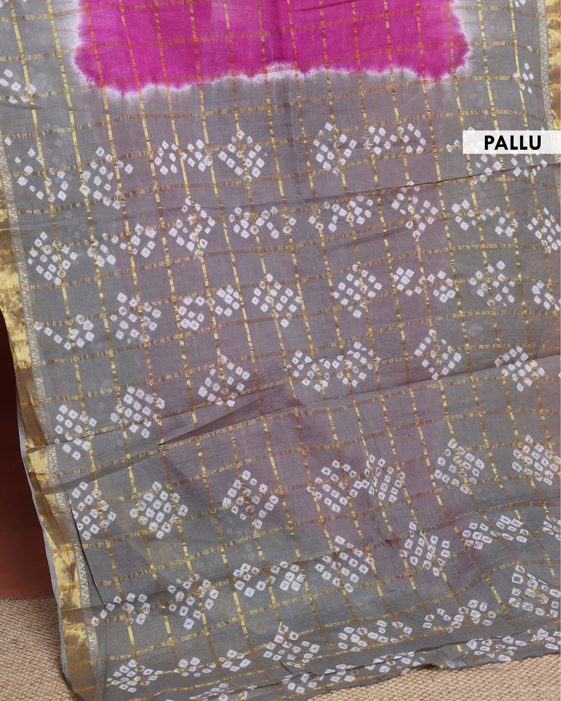 Elegant Bandhani Saree with Traditional Tie-Dye Motifs and Zari Checked Pattern - Pink