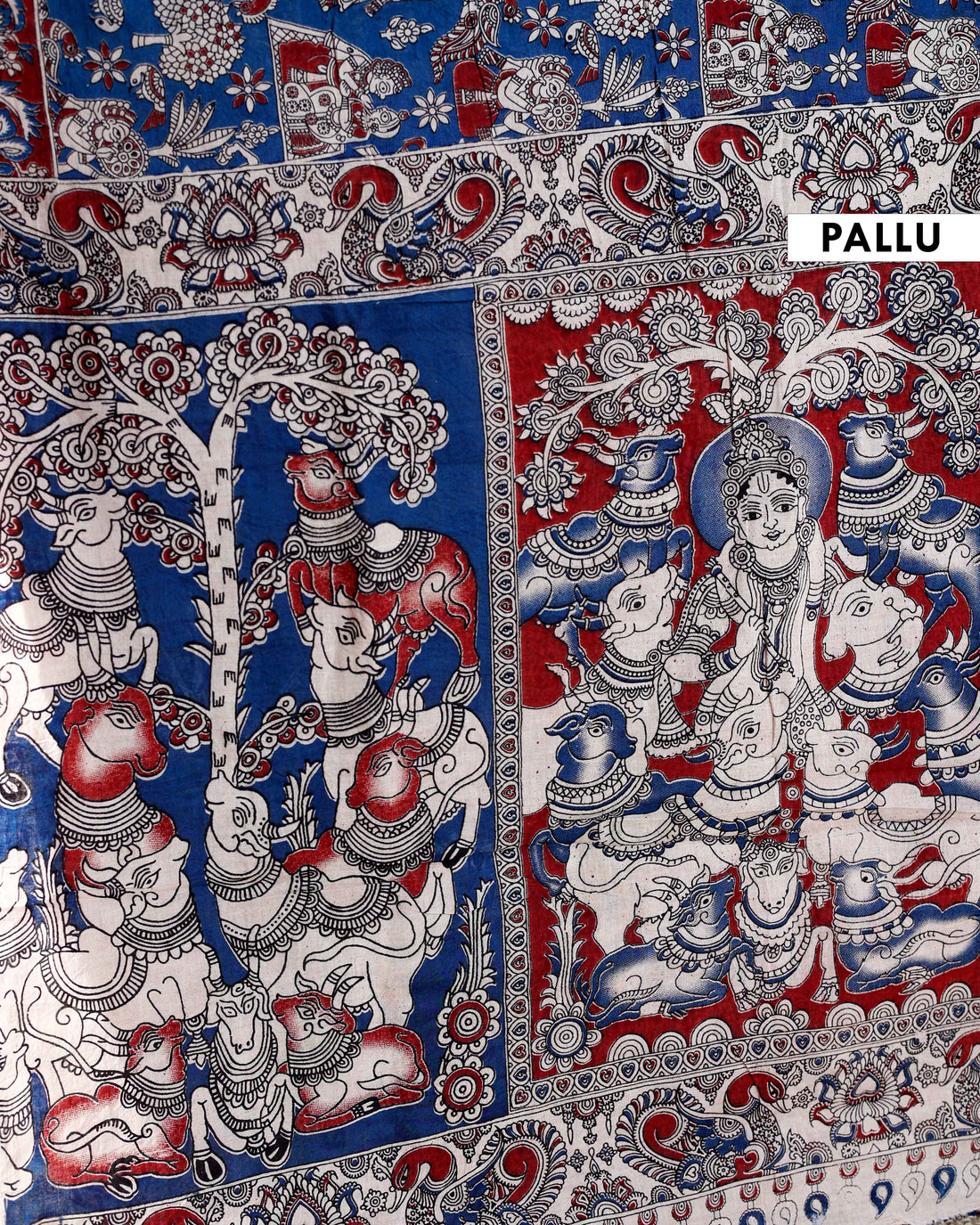 Traditional Handloom Kalamkari Cotton Saree with Intricate Floral and Avian Motifs - Navy Blue